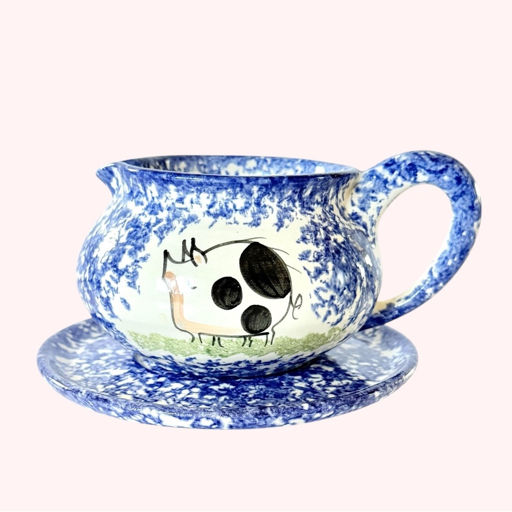 Molly Dallas Blue Spatterware Gravy Boat & Underplate Signed Folk Art Farmhouse